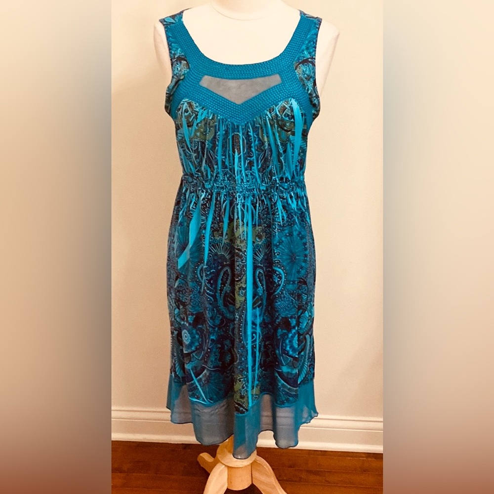 APT. 9 Turquoise Blue Geometric Paisley SZ S Whimsical Romantic Boho Mesh Dress